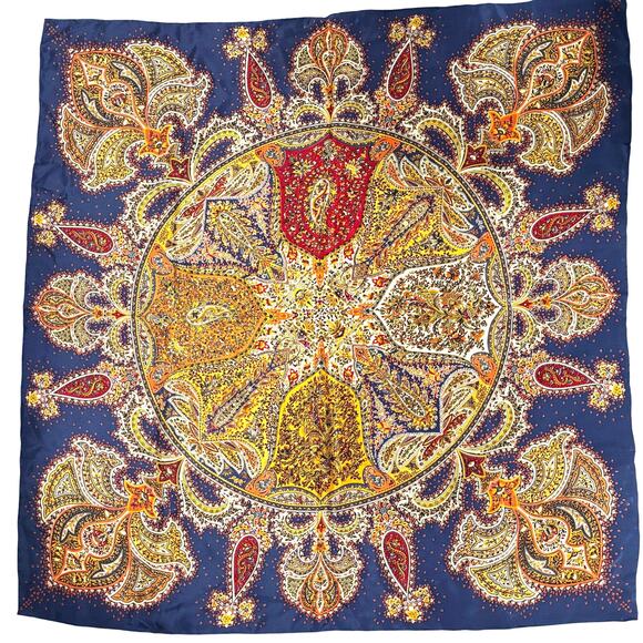 Vintage Silk Scarf Large Square paisley print blue gold red orange dramatic chic - Picture 1 of 7